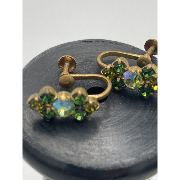 Austrian Green & AB Coated Rhinestone Gold Tone Screw Back MCM 1960s Earrings - Picture 2 of 8